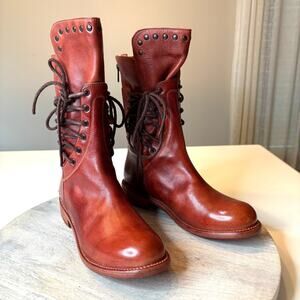 BED STU Fen Women's Leather Lace Up Combat Boots Studded Cognac Brown US 7 NWT